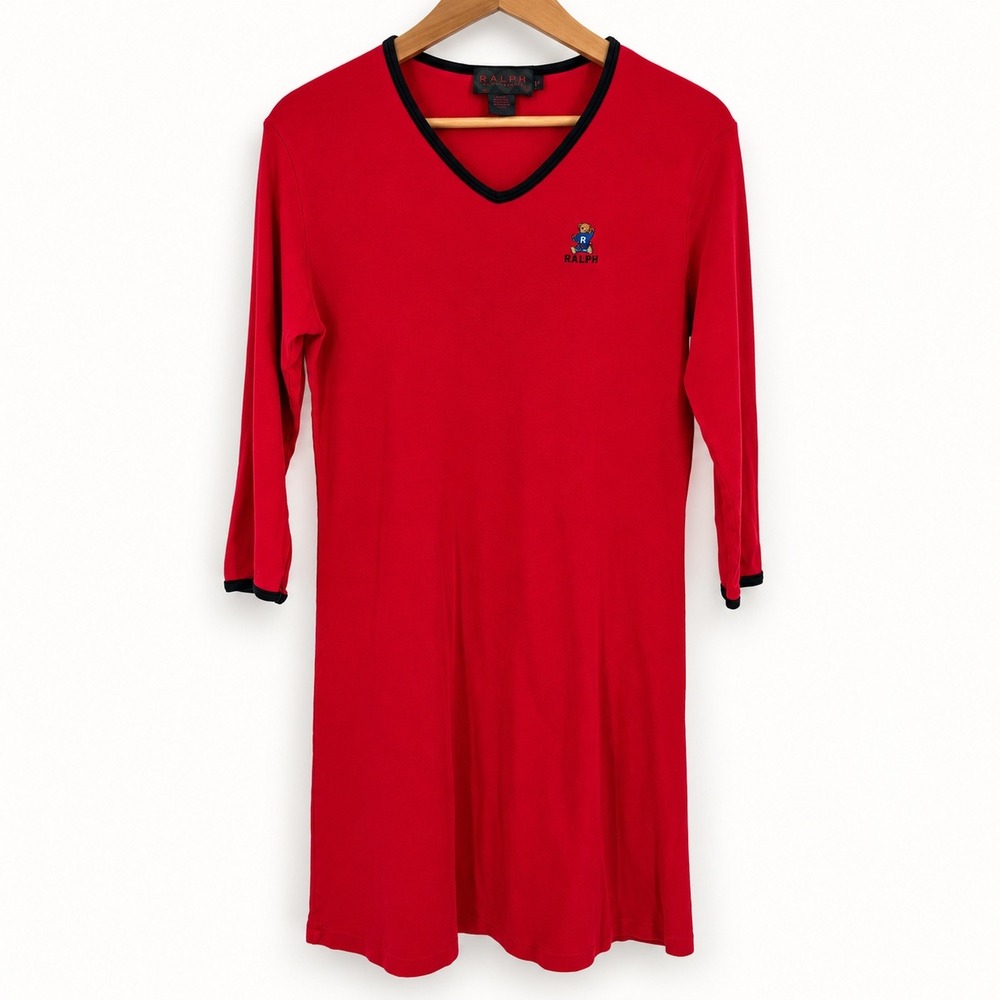 Vintage Ralph Lauren Women Medium Sleep Dress Red Polo Bear Cozy Preppy Heritage